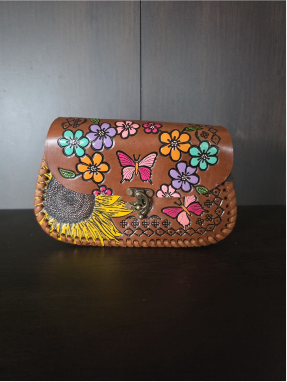 Butterfly Sunflower Brown Embossed Tooled Artisan LEATHER Crossbody Purse Bag - Picture 11 of 16